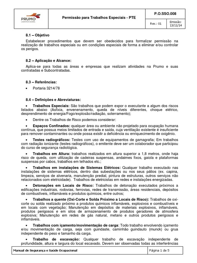 P.O.sso.008 - Permissão Para Trabalhos Especiais - PTE | PDF