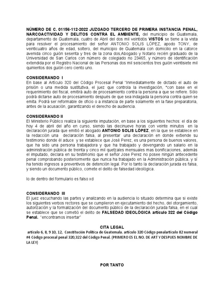Auto De Procesamiento | PDF | Guatemala | Derecho Penal