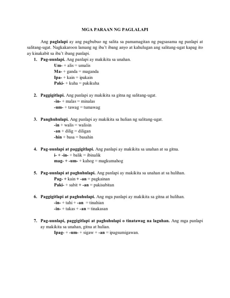 This 15 page pdf file provides many examples of filipino words that have affixes unlapi gitlapi hulapi kabilaan laguhan. Mga Paraan Ng Paglalapi Pdf