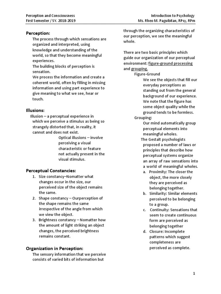 Chapter 5 Perception And Consciousness | PDF | Perception | Sleep