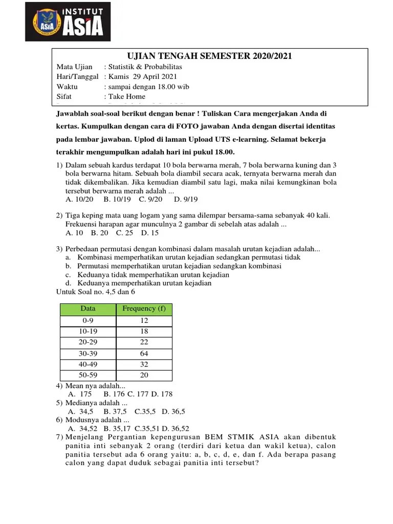 Soal UTS Statistik Probabilitas | PDF | Olahraga & Rekreasi | Metode ...