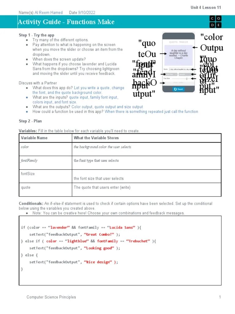 Activity Guide - Functions Make - Unit 4 Lesson 11 Alreem | PDF ...