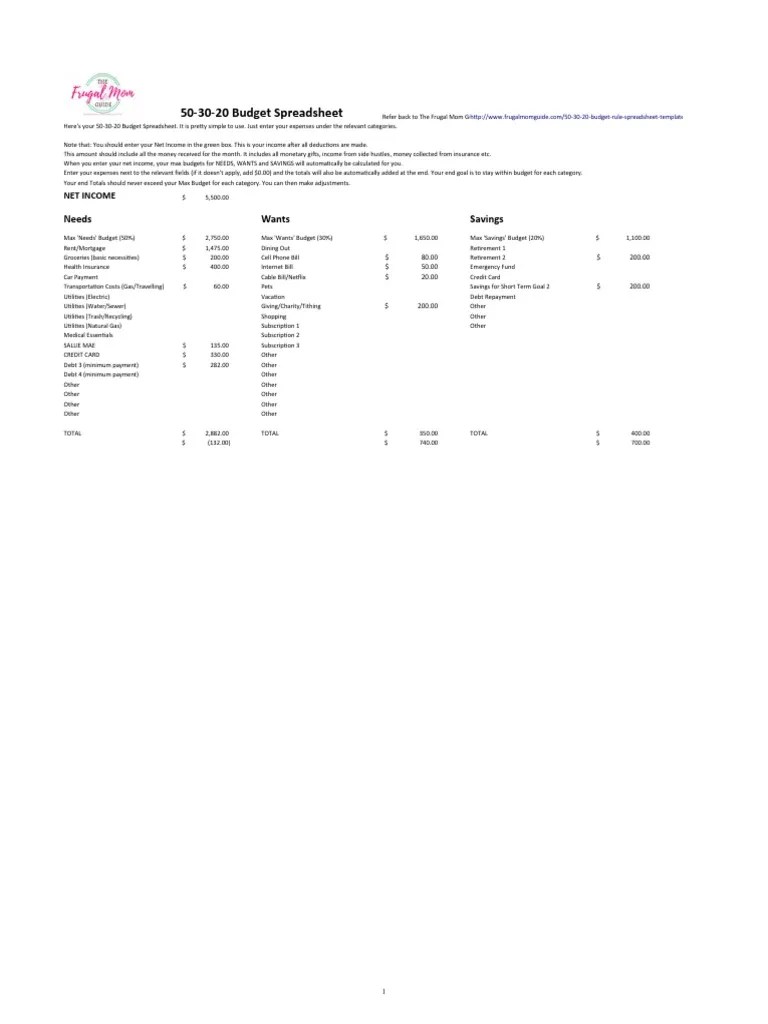 Personal 50 30 20 Budget Excel Spreadsheet | PDF | Budget | Credit