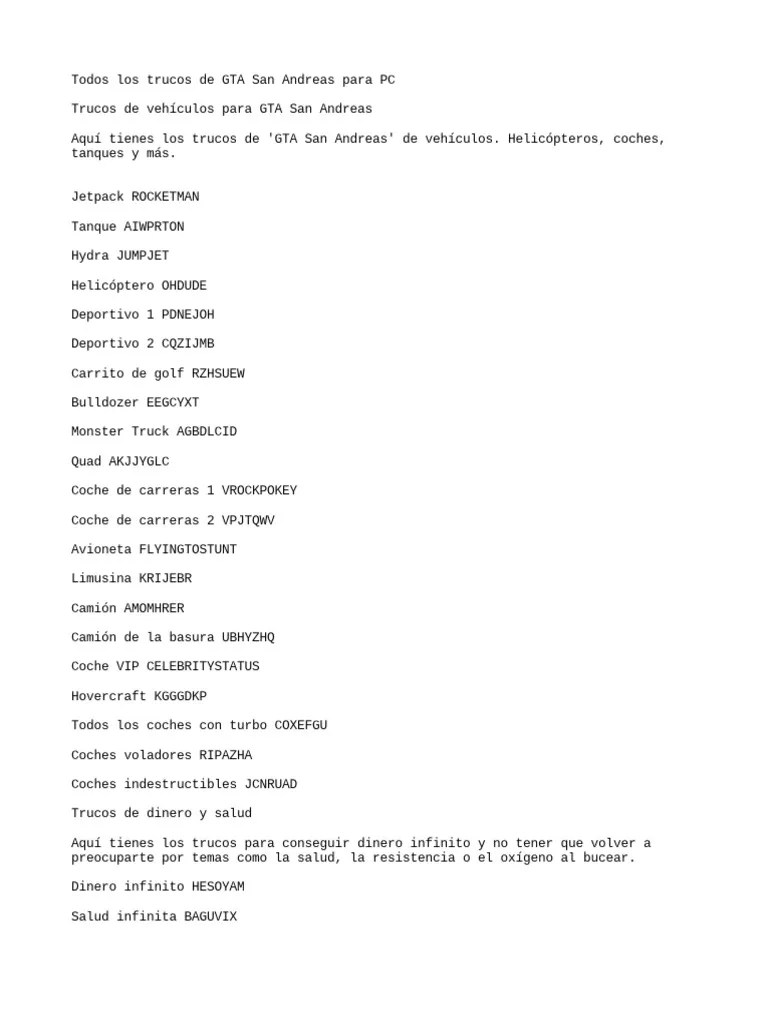 Todos Los Trucos De GTA San Andreas Para PC PDF Tecnolog A 1