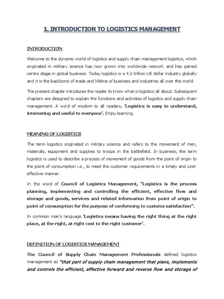 Chapter - 1 Introduction To Logistics Management | PDF | Logistics | Supply Chain