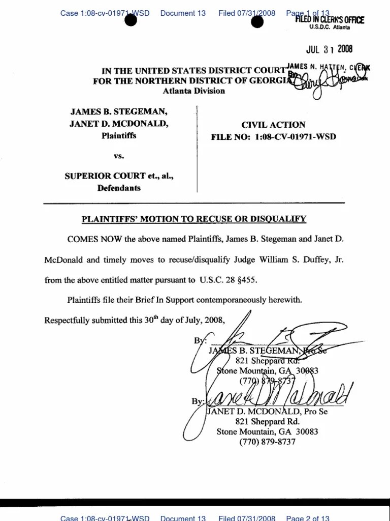 Plaintiffs' Motion To Recuse Or Disqualify Judge Duffey | PDF | Pro Se ...