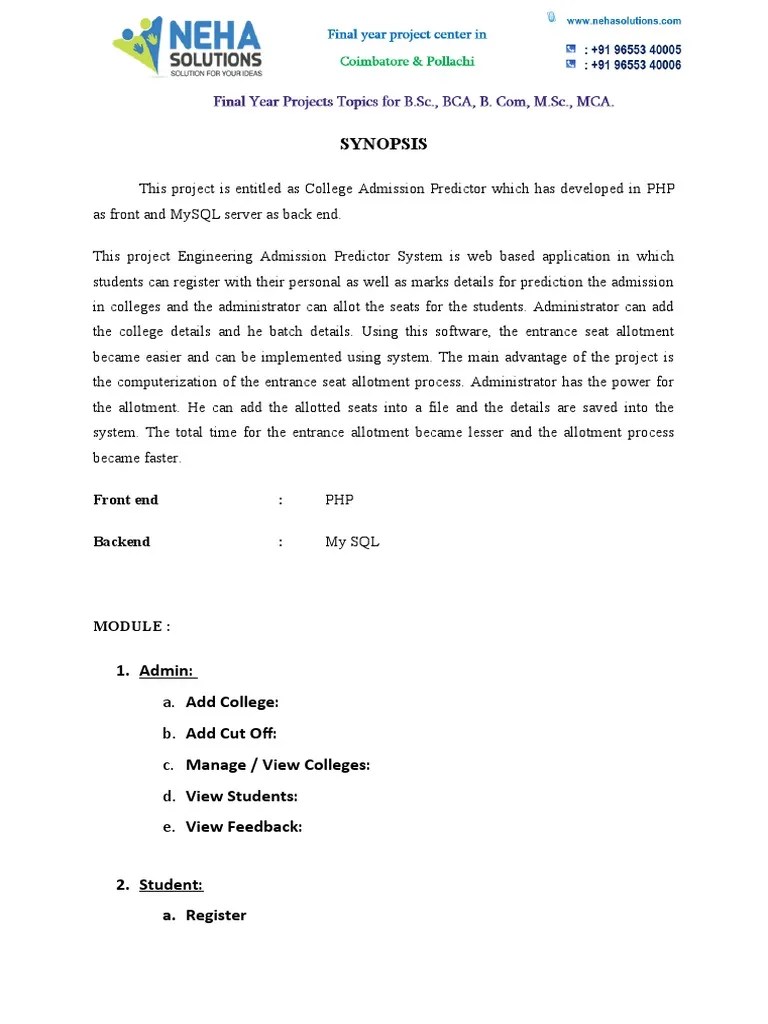 College Admission Predictor In Php Neha Solutions 9655340006 9655340005