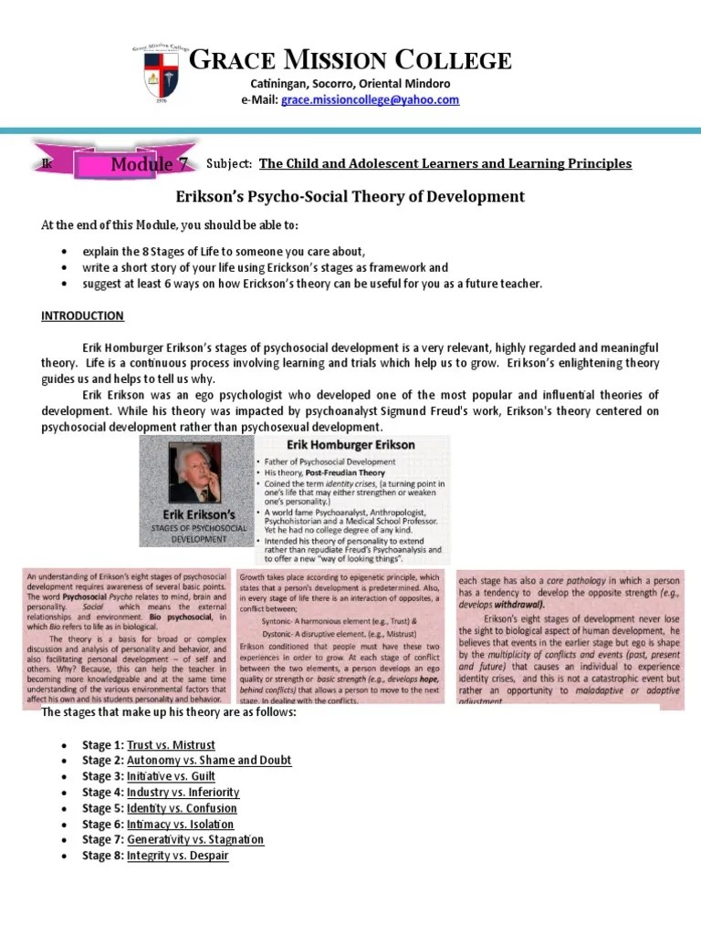 MODULE 7 Ericksons Psycho Social Therory Of Development | PDF ...