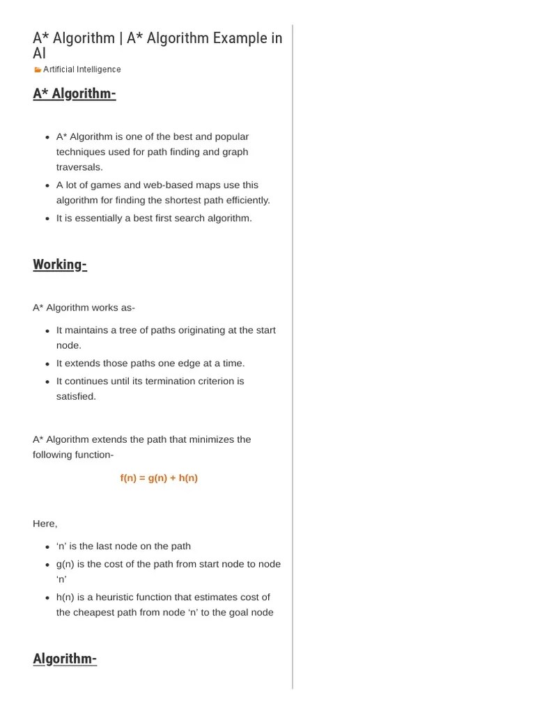 A - Algorithm - A - Algorithm Example In AI - Gate Vidyalay | PDF