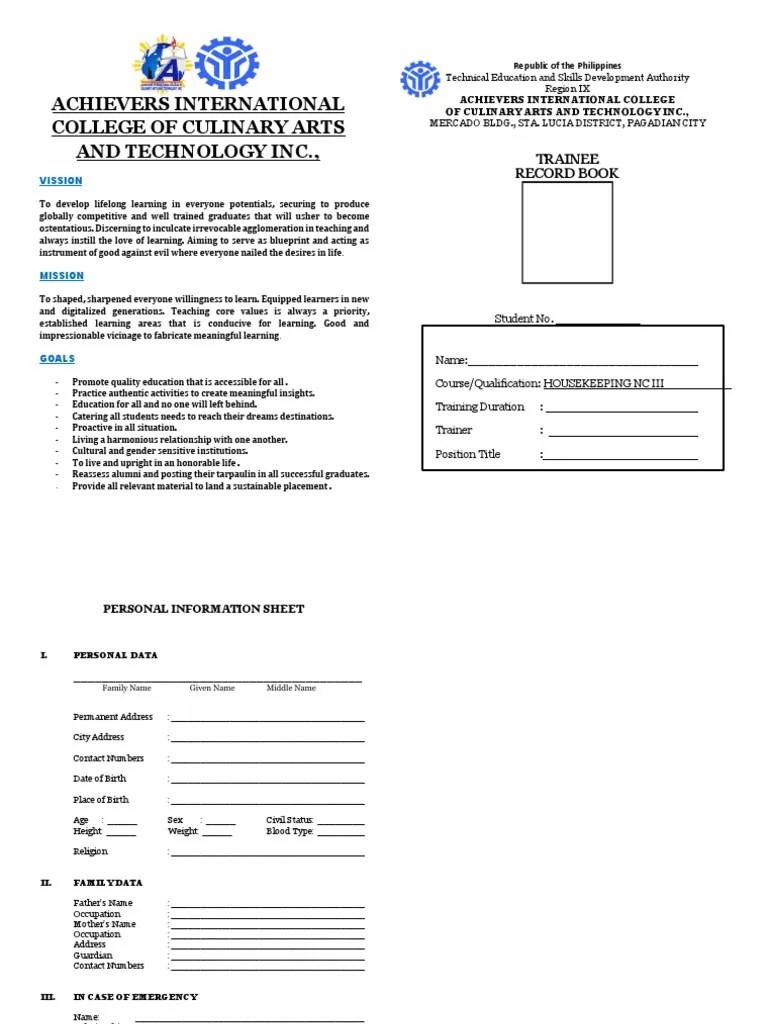 Achievers International College Of Culinary Arts And Technology Inc.: Trainee Record Book For ...