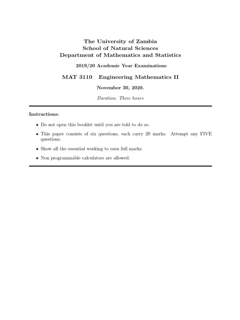 Mat 3110 Final Exam 2019 20 | PDF | Laplace Transform | Cartesian ...