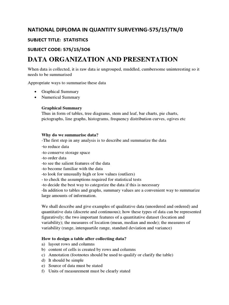 Lecture Notes 2 Data Organization And Presentation | PDF | Skewness | Mean