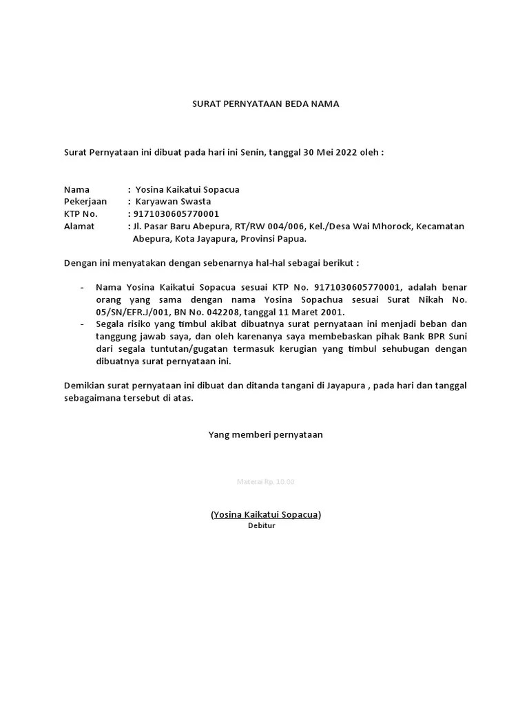 Surat Pernyataan Beda Nama | PDF