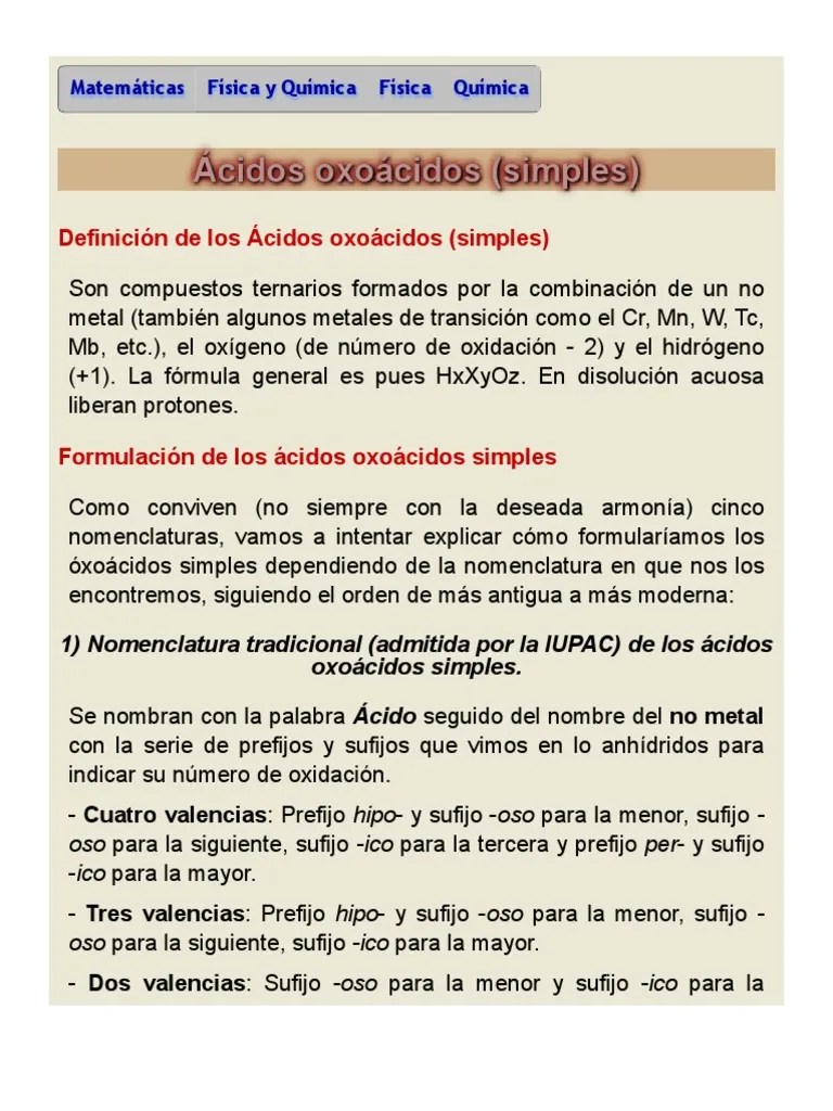 Formulación Y Nomenclatura De Los Ácidos Oxoácidos Simples | PDF | Ácido | Química Física
