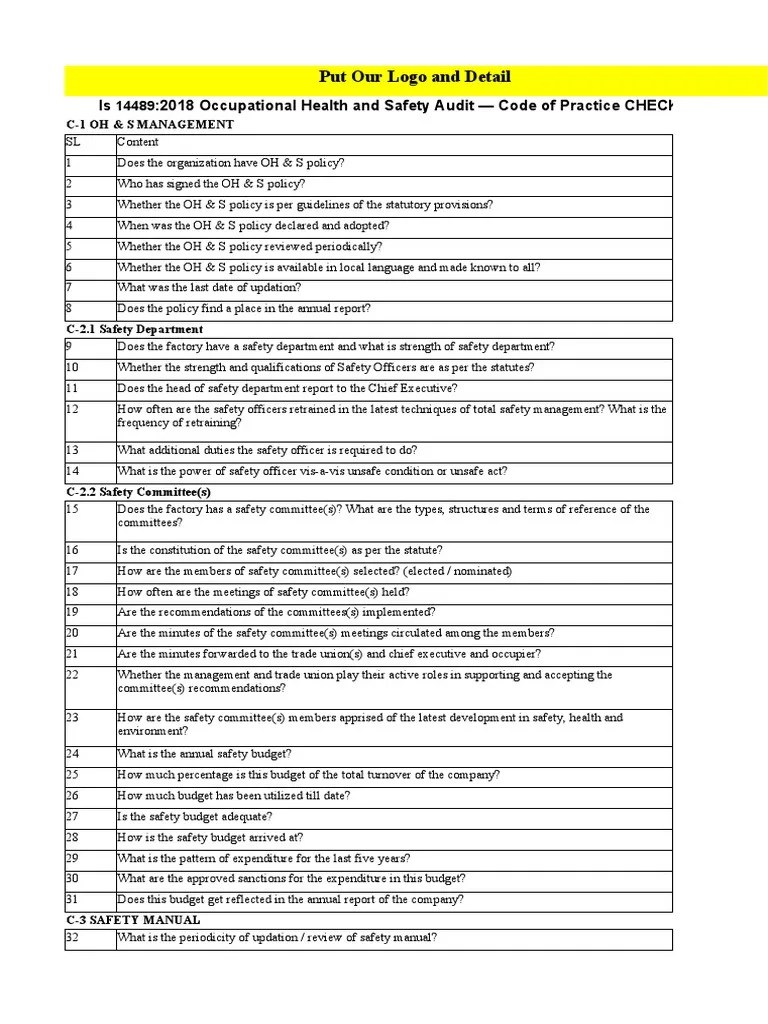 Is 14489 2018 Audit Check List | PDF | Fires | Personal Protective Equipment
