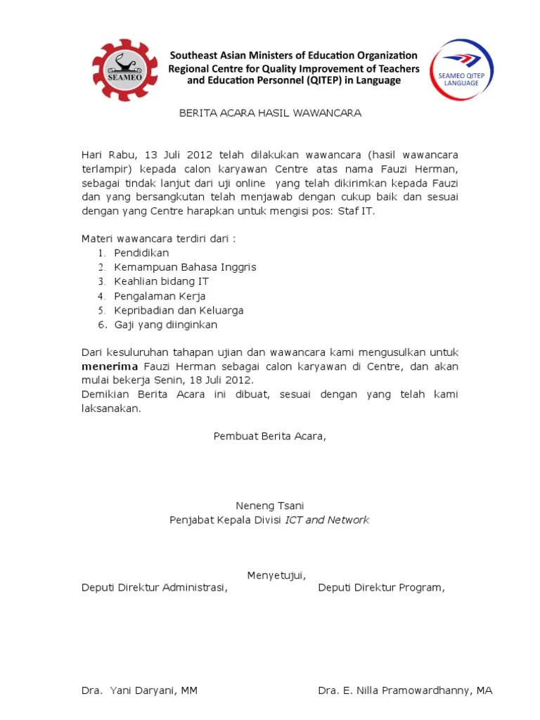 Laporan hasil wawancara bahasa indonesia nama: Contoh Berita Acara Wawancara Kerja Missysassylaby You