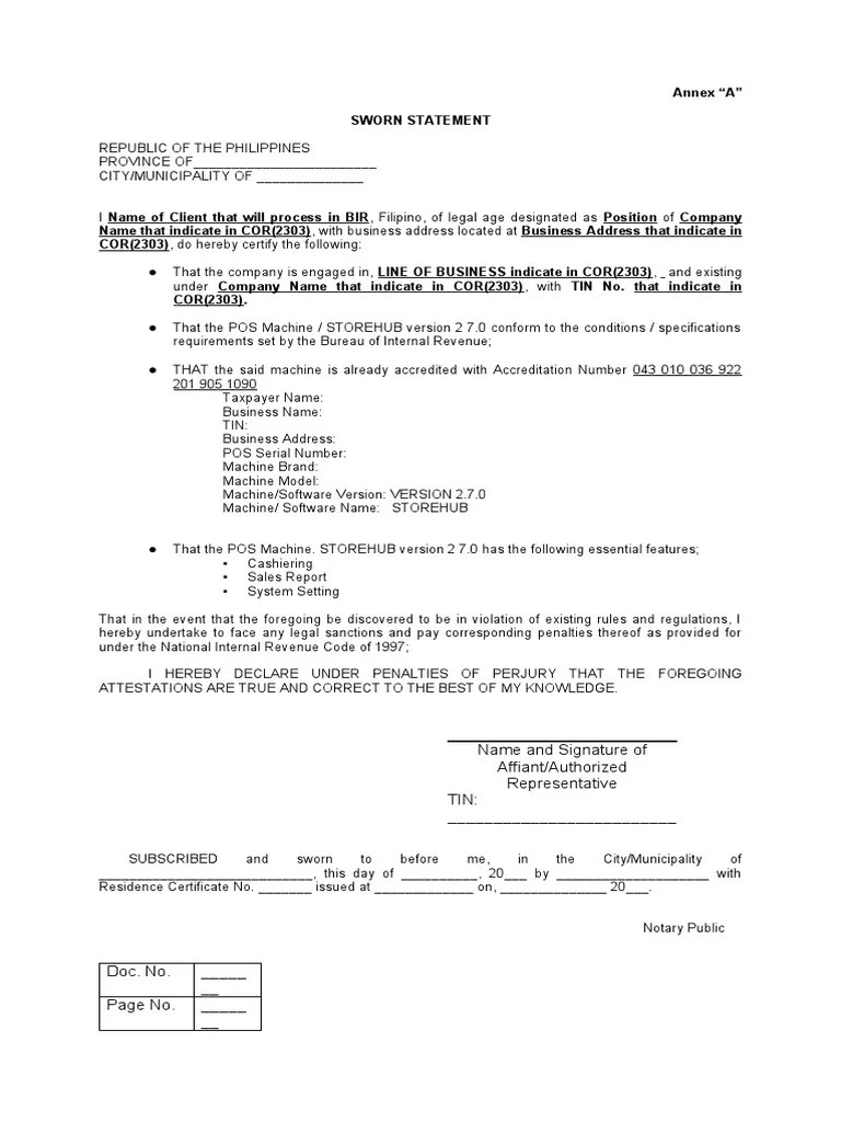 Bir pos sworn statement