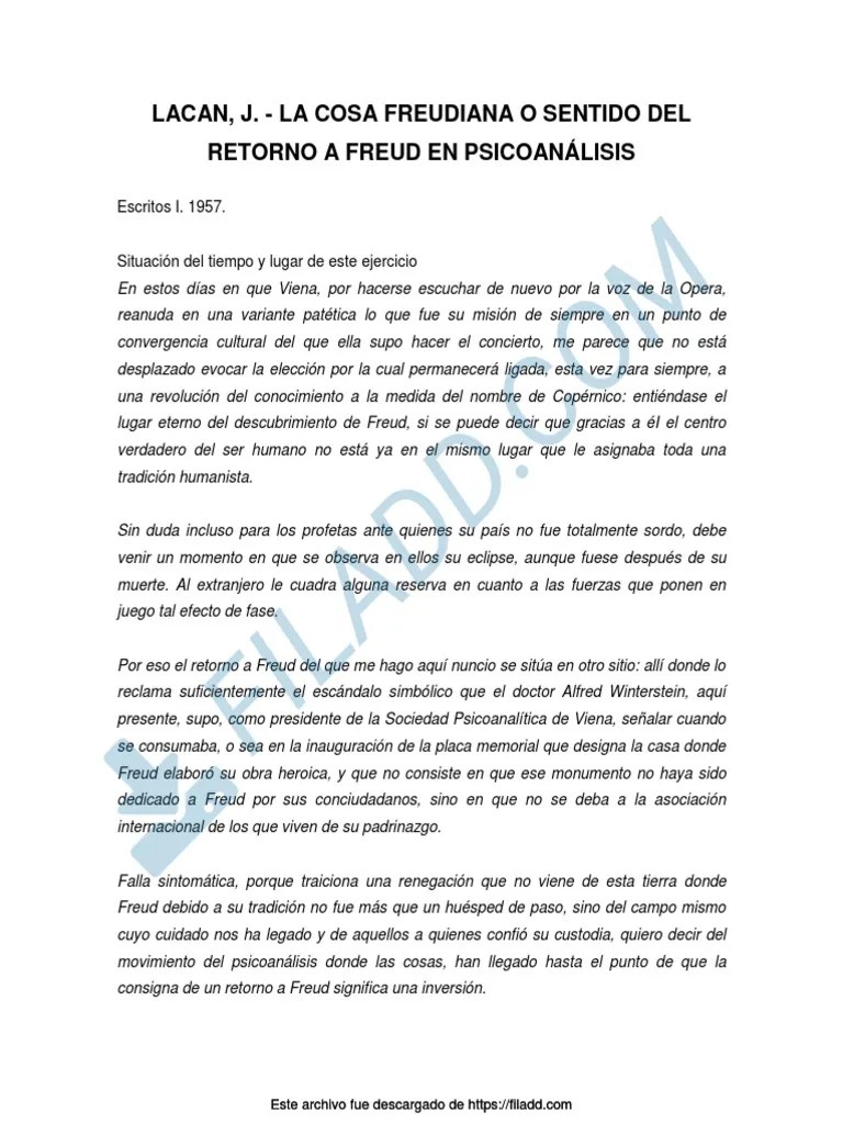 Lacan La Cosa Freudiana O Sentido Del Retorno A Freud En Psicoanalisis 1957 | PDF ...