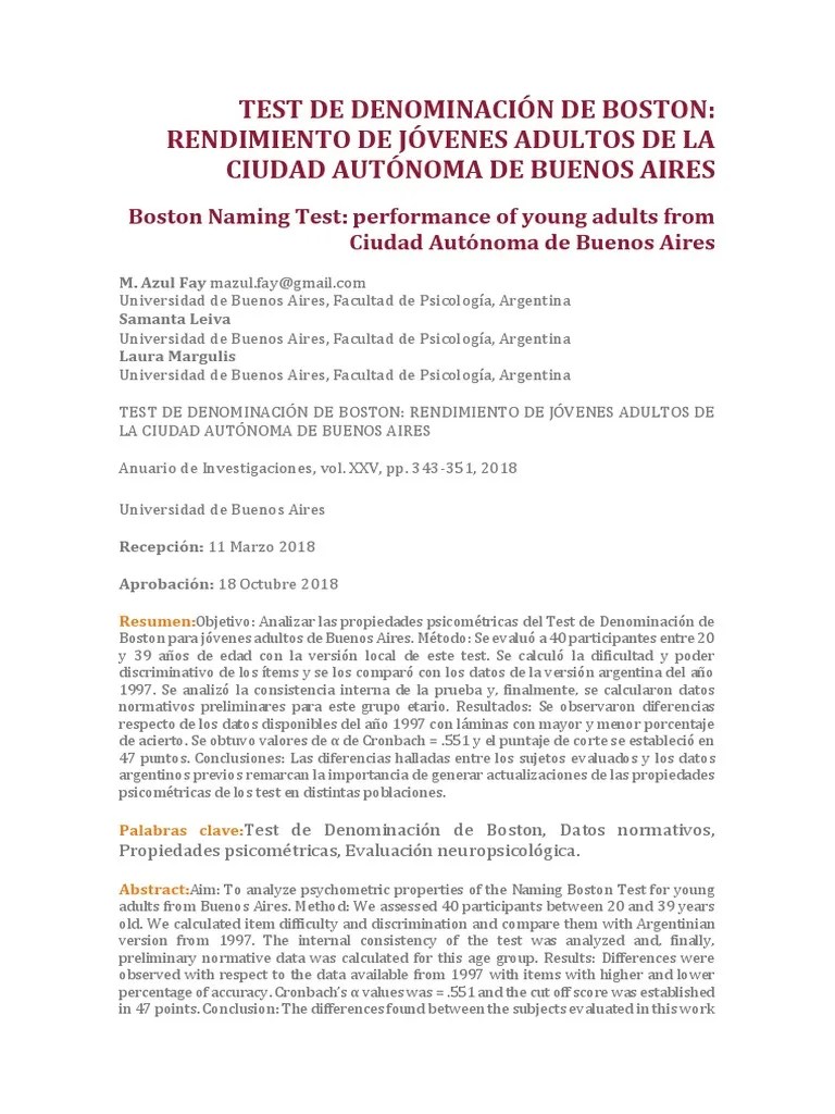 Test De Denominación De Boston | Descargar Gratis PDF | Alfa De Cronbach | Desviación Estándar