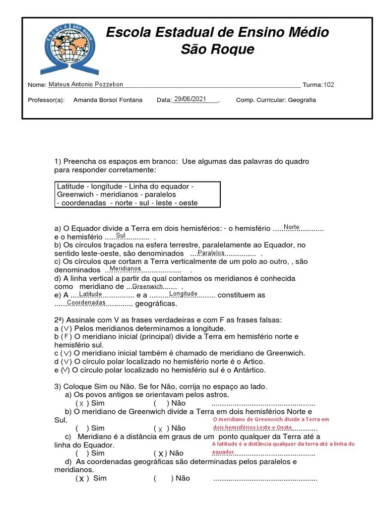 Atividades De Geografia Sobre Coordenadas Geográficas, Mapas E ...