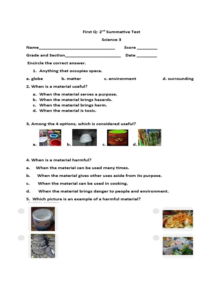 2nd Summative Test Science 1st Q | PDF | Waste | Natural Environment