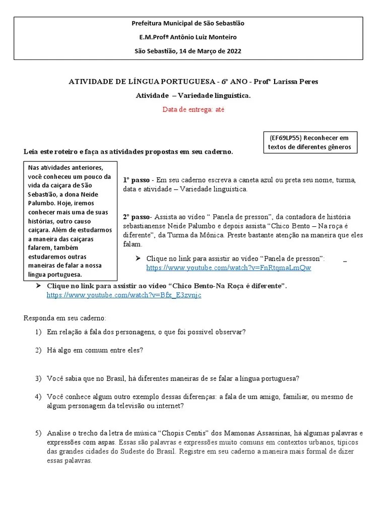 Variedades Linguísticas - 6 Ano | PDF | Linguística | Linguagem Natural