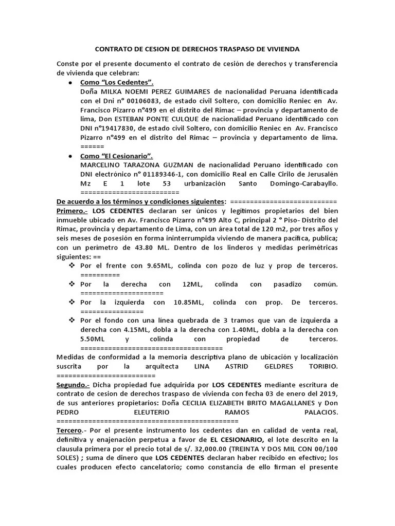 Contrato De Cesion De Derechos Traspaso De Vivienda | PDF | Propiedad ...