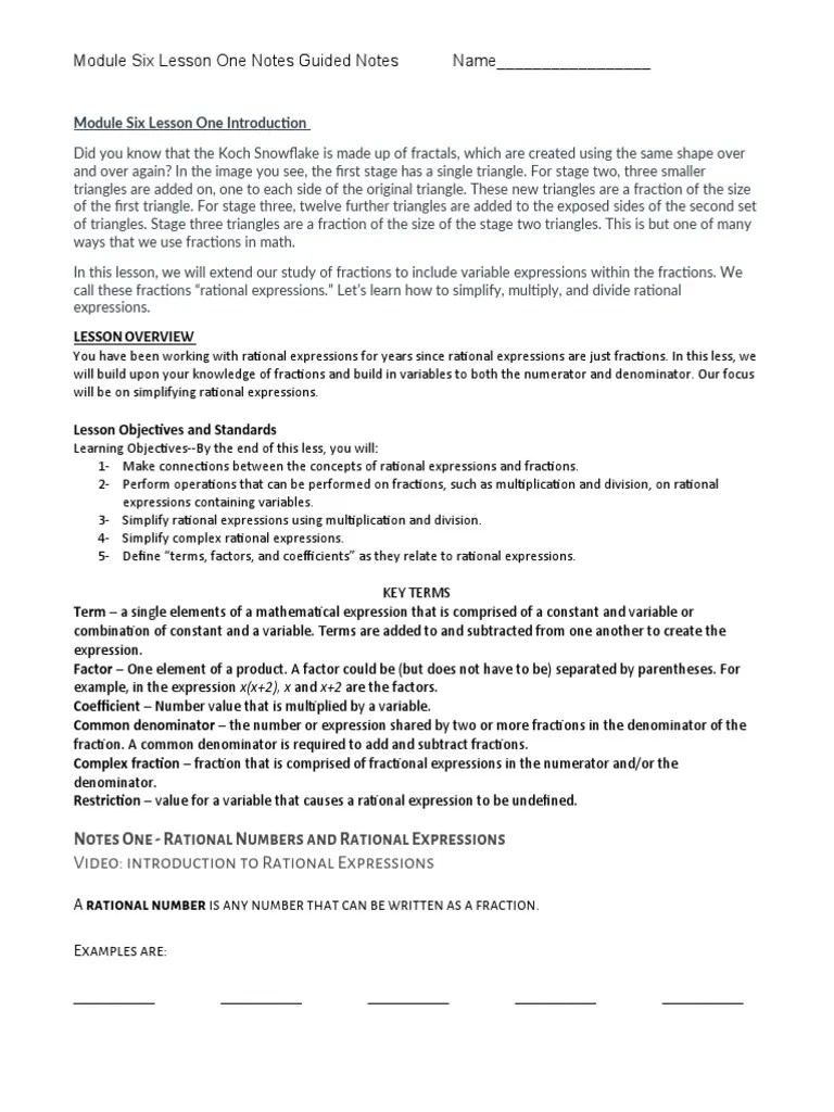 Module Six Lesson One Notes Guided Notes | PDF | Rational Number ...