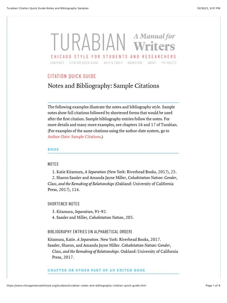Turabian Citation Quick Guide Notes And Bibliography Samples | PDF | Citation | A Manual For ...