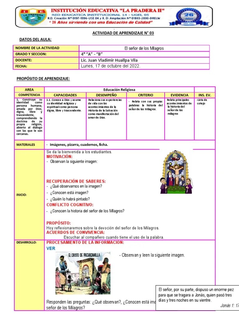 SESIÓN DE APRENDIZAJE #03 4B-El Señor De Los Milagros | PDF