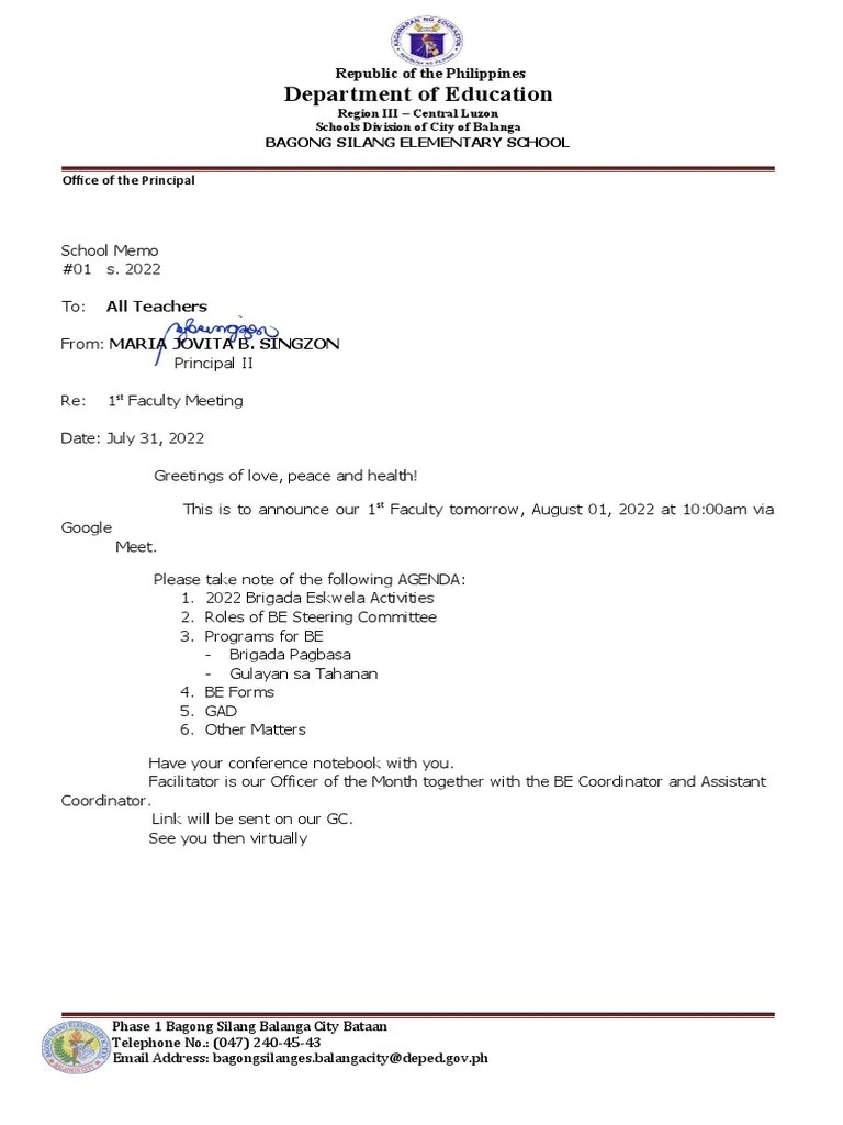 School Memo 2022 2023 | PDF