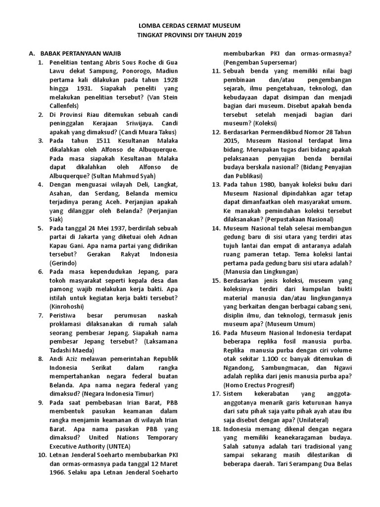 Kumpulan Soal Lomba Cerdas Cermat Museum Tingkat Provinsi DIY 2019 | PDF