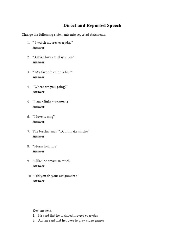 Direct And Reported Speech Worksheet | PDF