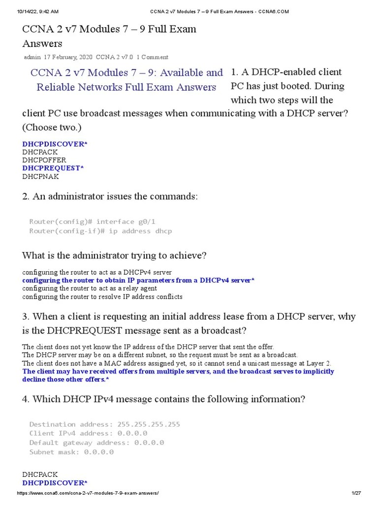 CCNA 2 V7 Modules 7-9 Exam Answers | PDF | Ip Address | I Pv6