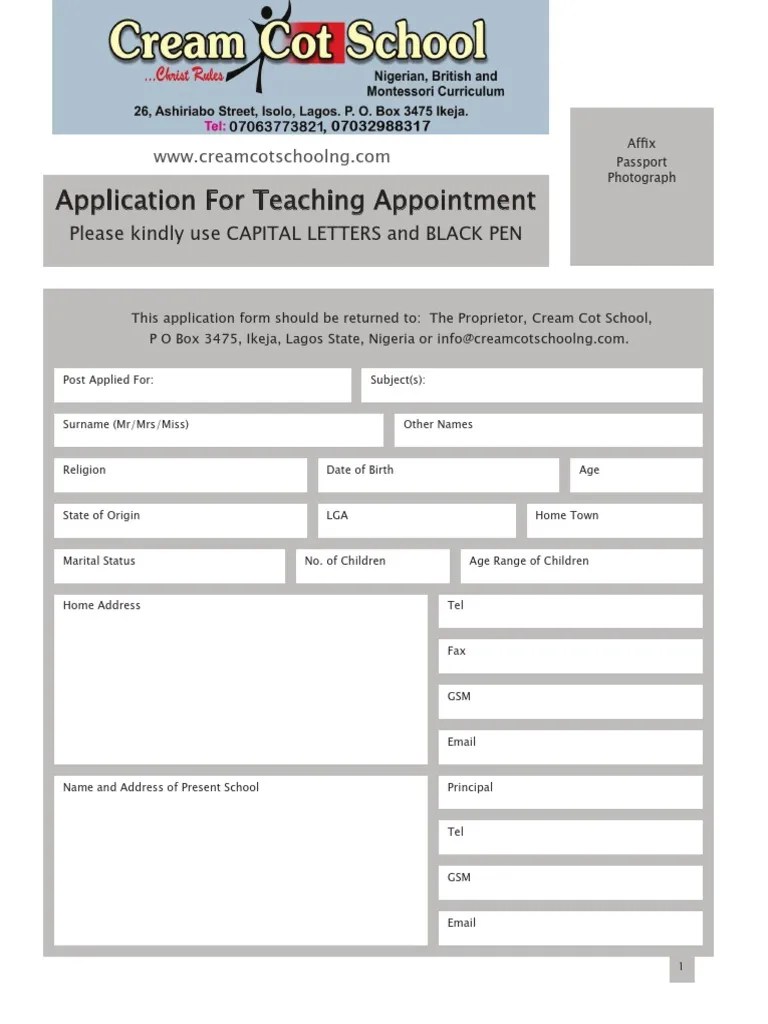 Application Form For NEW Teachers | PDF