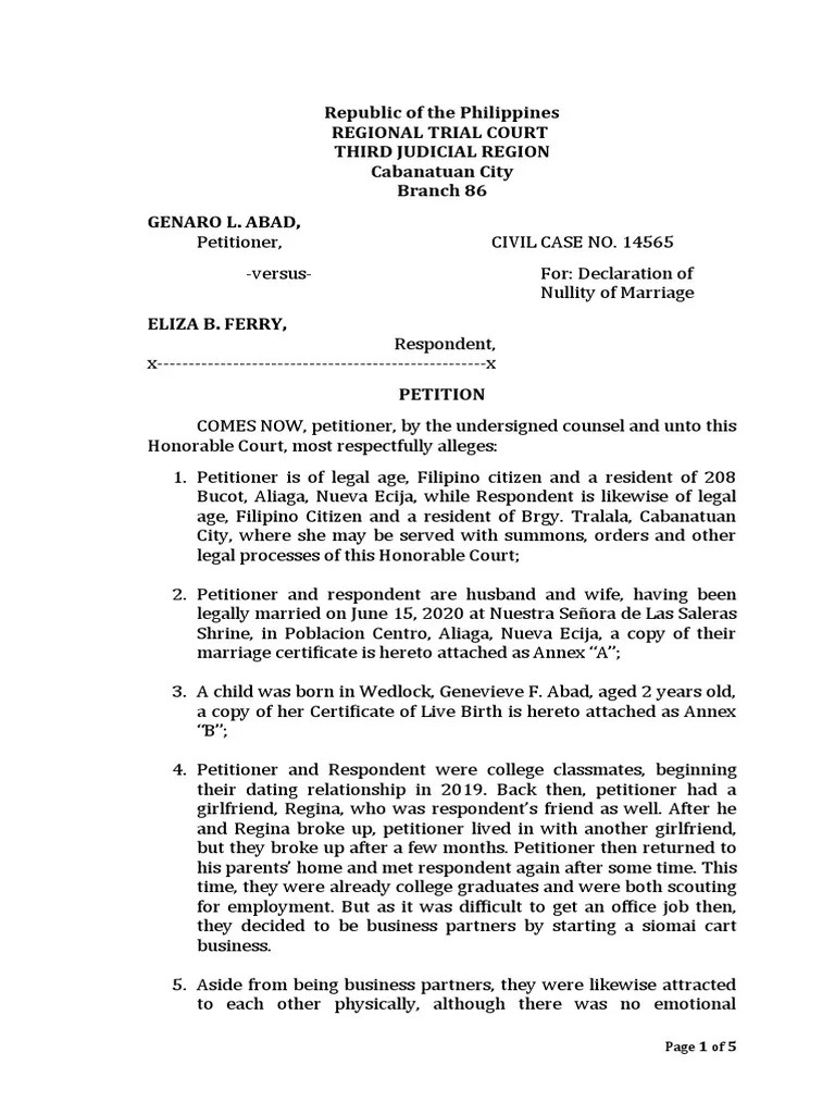Petition For Declaration Of Nullity Of Marriage | PDF | Marriage | Annulment