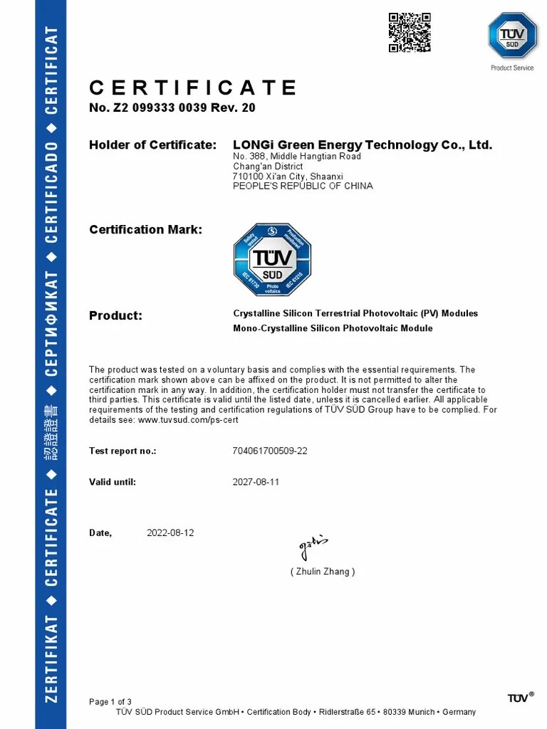 TUV SUD Certificate Double Glass New Standard 488a1e03ca | PDF | Photovoltaics | Manufactured Goods