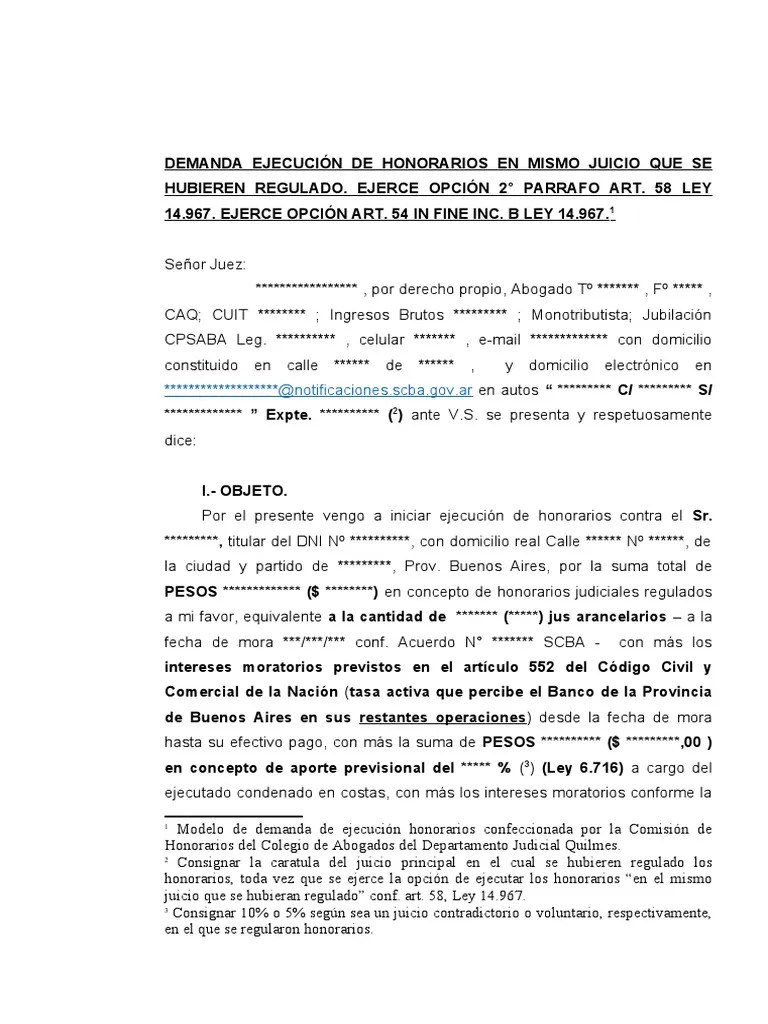 DEMANDA EJECUCION DE HONORARIOS EN MISMO JUICIO Modelo 2021 | PDF | Bancos | Sentencia (ley)