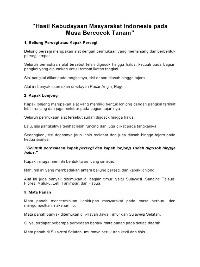 Hasil kebudayaan masyarakat indonesia pada masa bercocok tanam