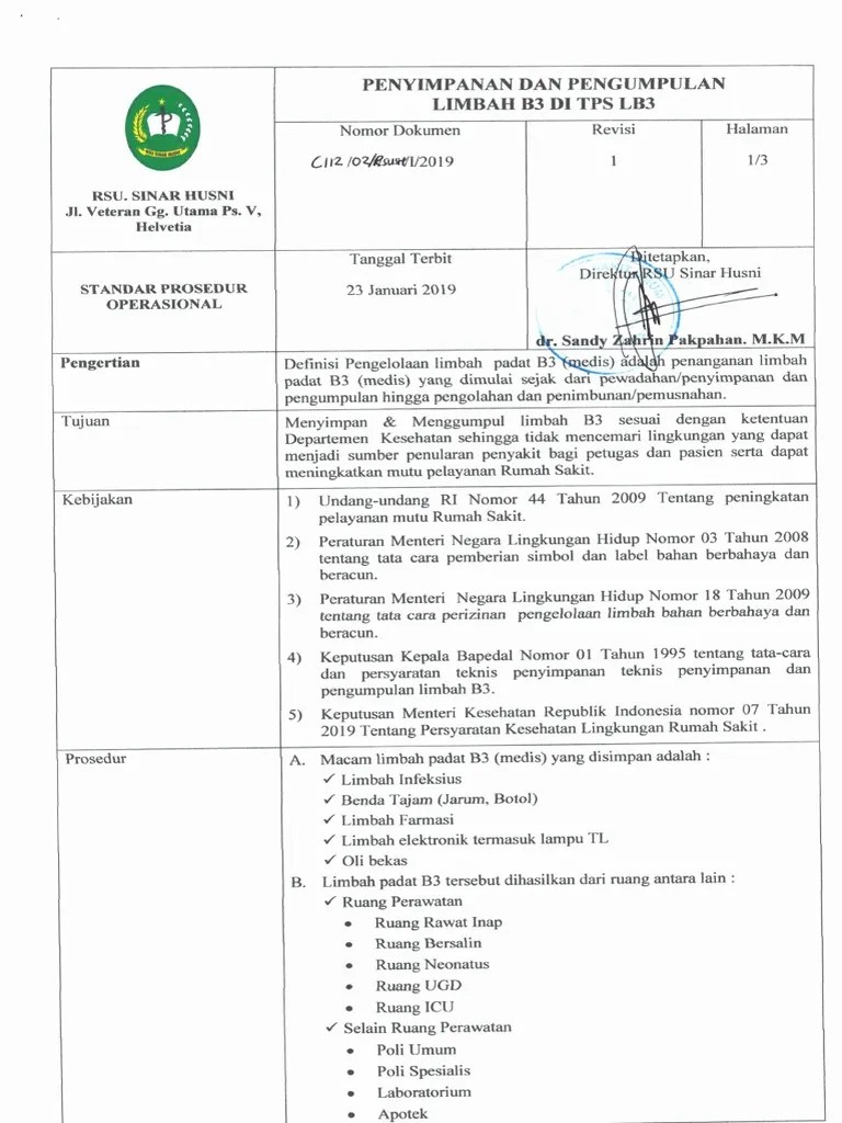 Spo Penyimpanan Dan Pengumpulan Limbah B3 Di TPS LB3 | PDF