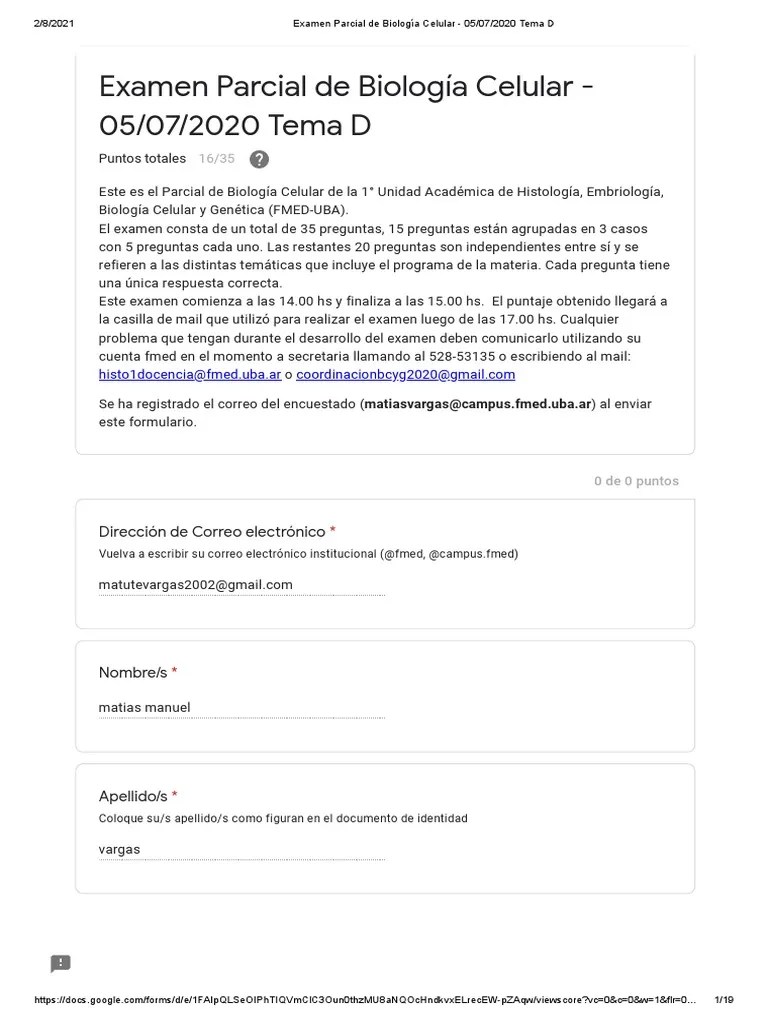 Examen Parcial De Biología Celular - 05 - 07 - 2020 Tema D | PDF | Adn | Apoptosis