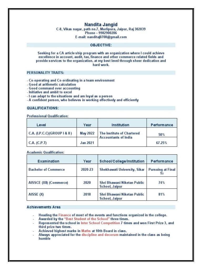 Chartered Accountant CA Articleship Resume Sample | PDF