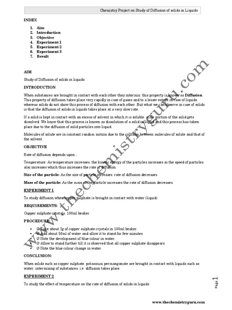 Chemistry Project On Study Of Diffusion Of Solids In Liquids | PDF | Diffusion | Liquids