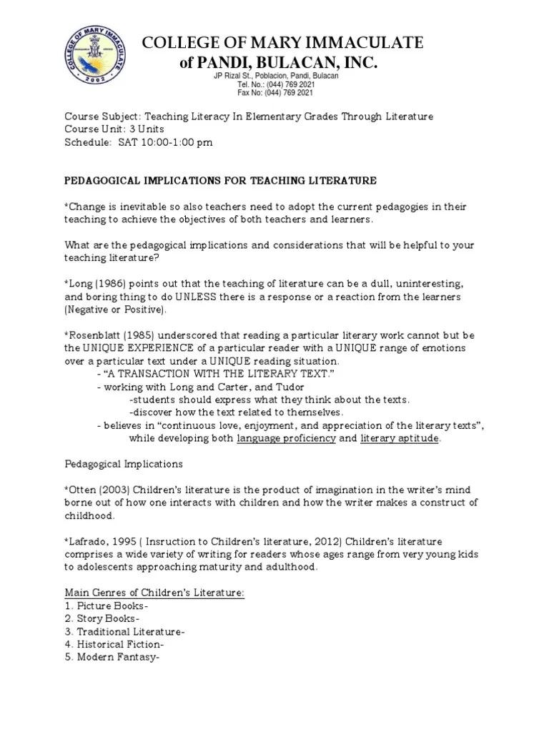 Pedagogical Implication Of Teaching Literature In Elementary | PDF | Pedagogy | Learning