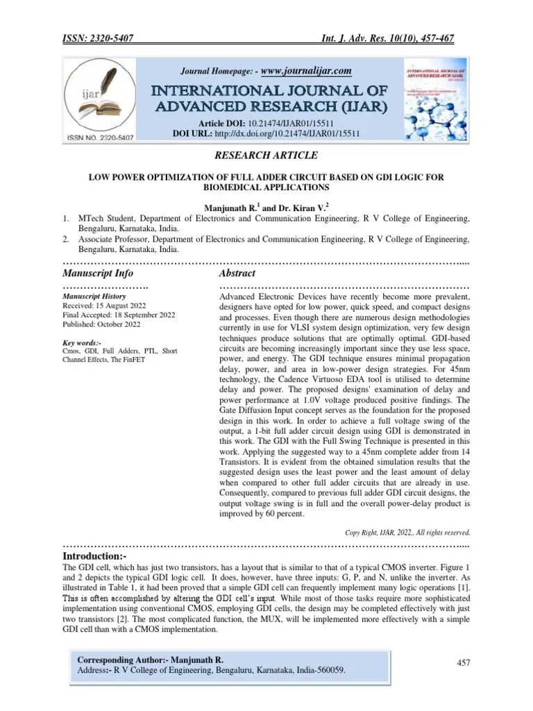 Low Power Optimization Of Full Adder Circuit Based On Gdi Logic For ...