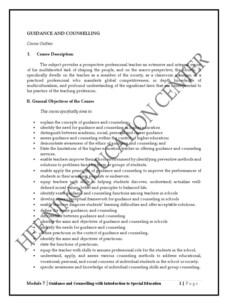 Module 7 - Guidance And Counseling With Introduction To Sped | PDF | Psychotherapy | Teachers