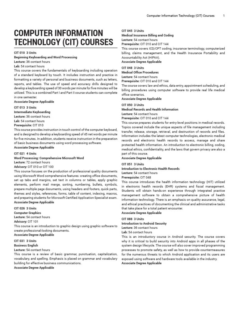 Computer Information Technology (CIT) Courses | PDF | Computer Network | Cisco Certifications