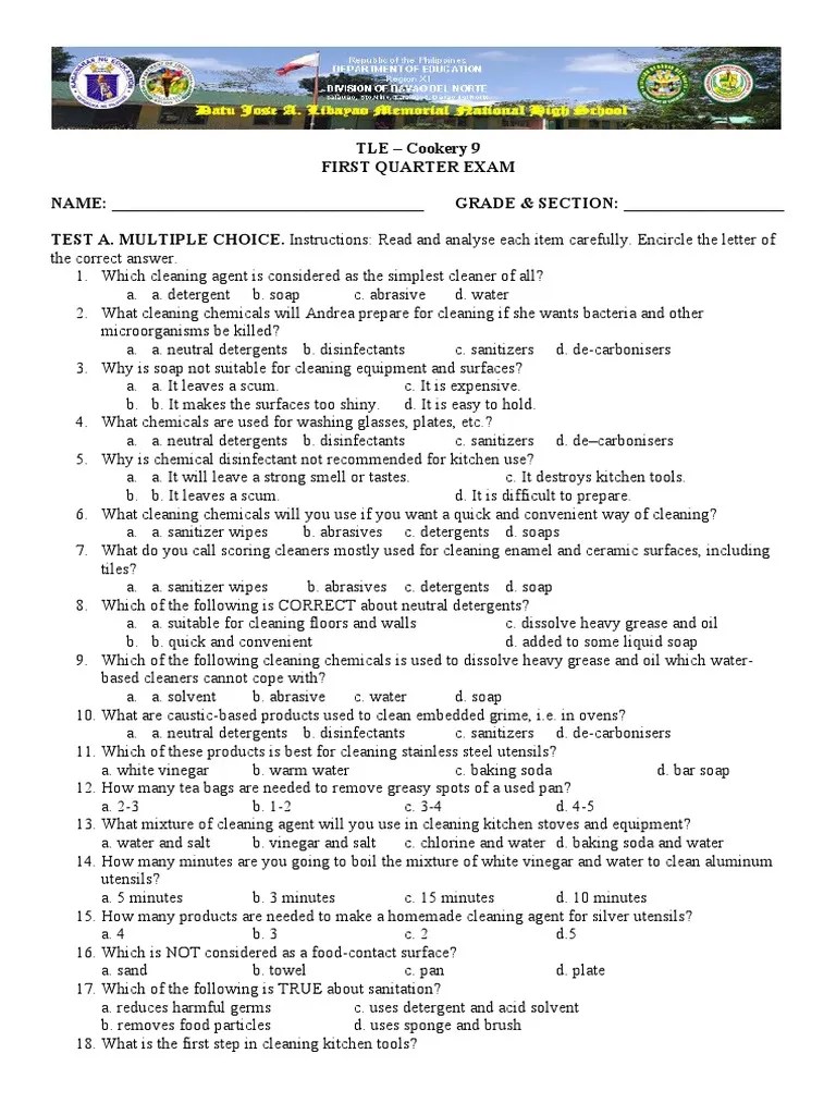 Cookery 9 First Quarter Exam Guide Pdf Hors D Oeuvre Disinfectant