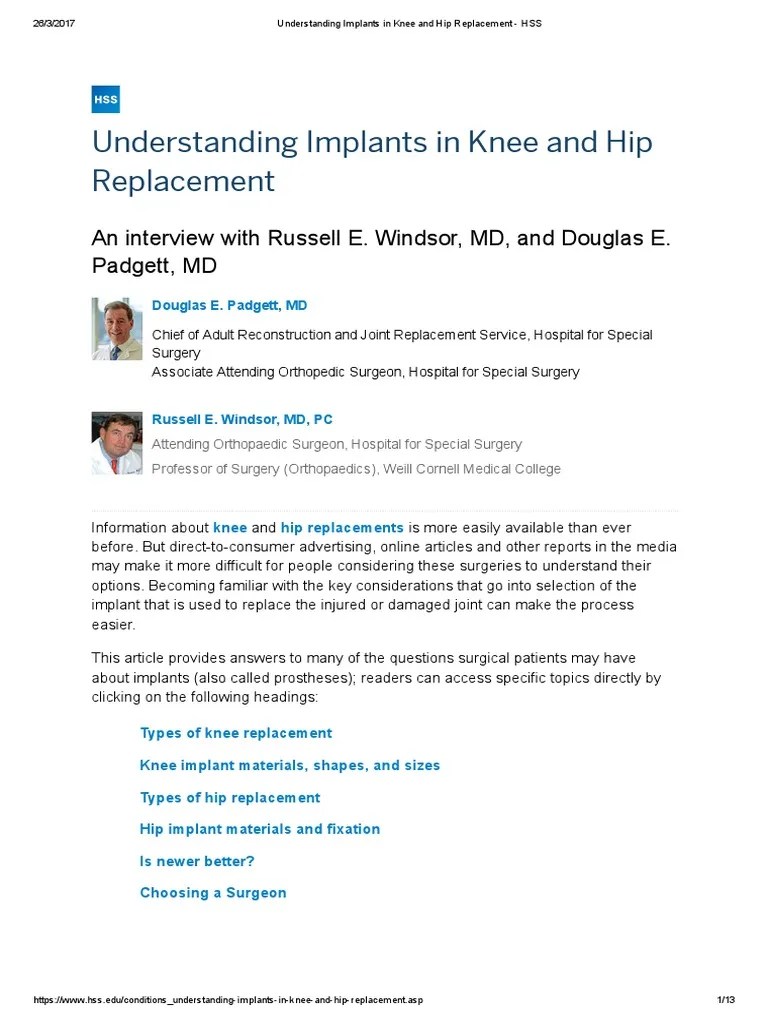 Understanding Implants In Knee And Hip Replacement - HSS | PDF ...