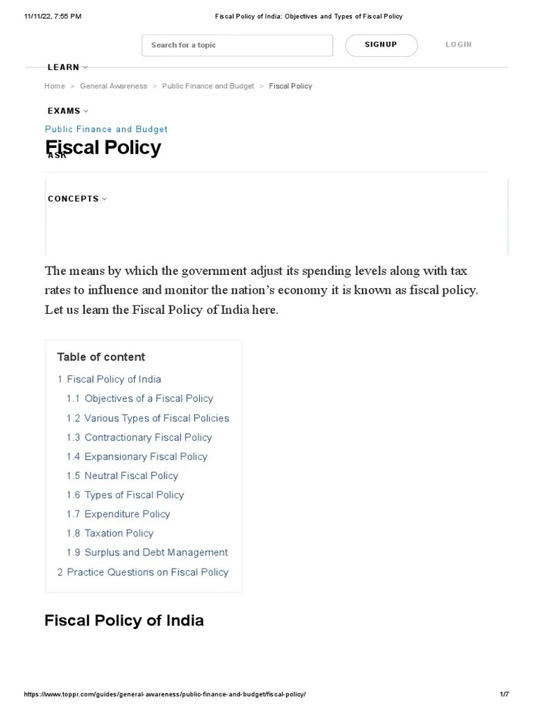 Fiscal Policy Of India - Objectives And Types Of Fiscal Policy | PDF ...